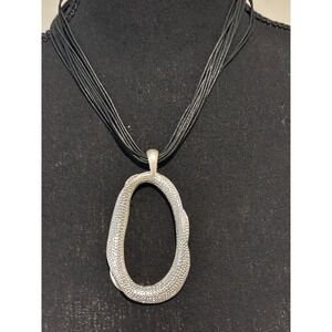 Sweet Lola Silver Tone Textured Large Oval Pendant Black Cord Necklace statement